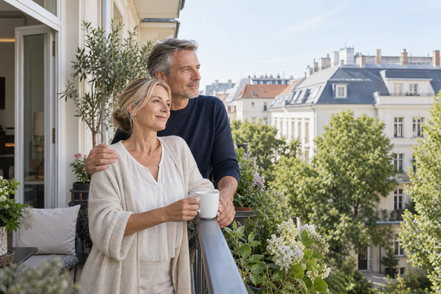 Paar genießt den Blick von einem Wiener Wohnungsbalkon
